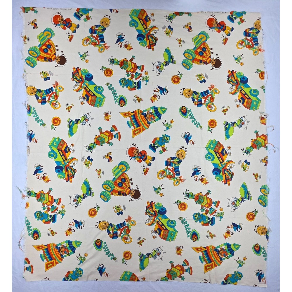 THC Hawaiian Textiles #16582 Fabric Kids Fun Robots Spaceship Rockets 1 yard plu